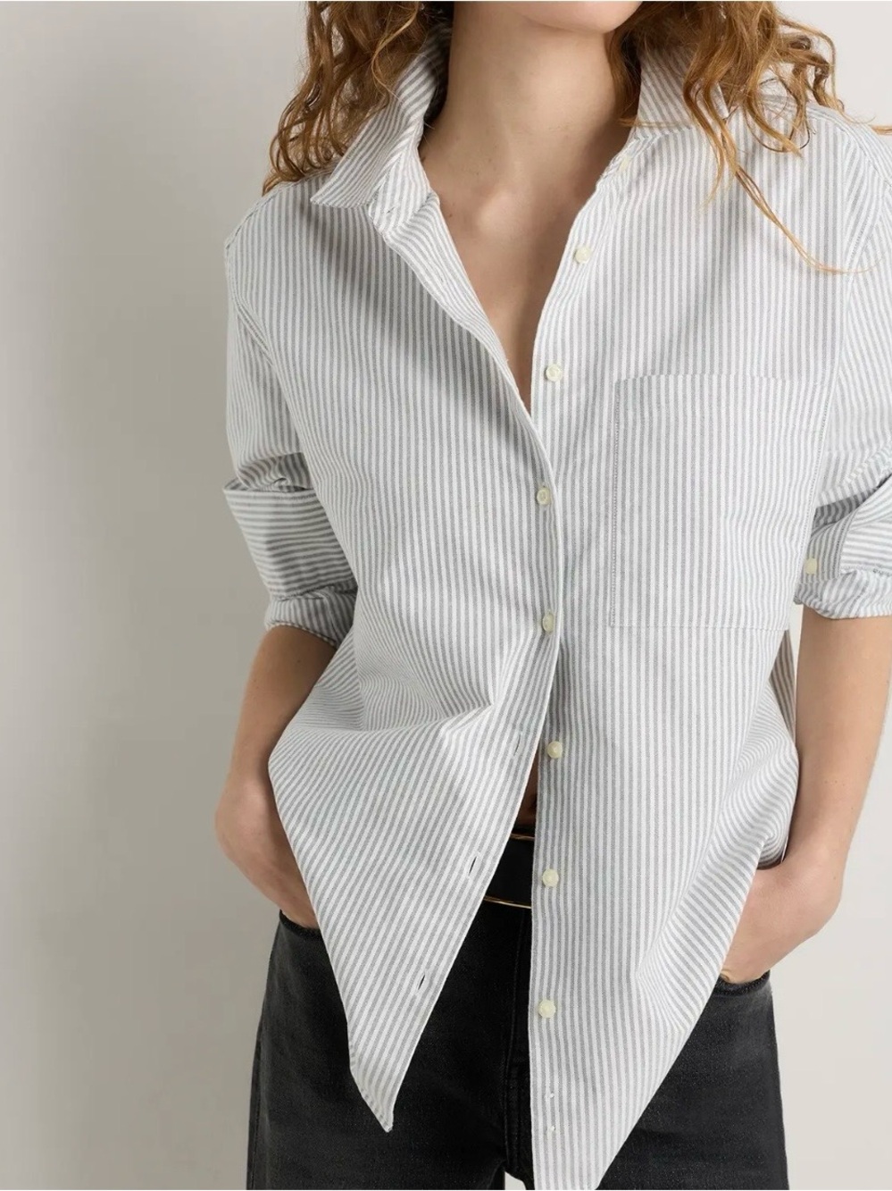 Quince Organic Cotton Relaxed Oxford Shirt Black Midtown Stripe S